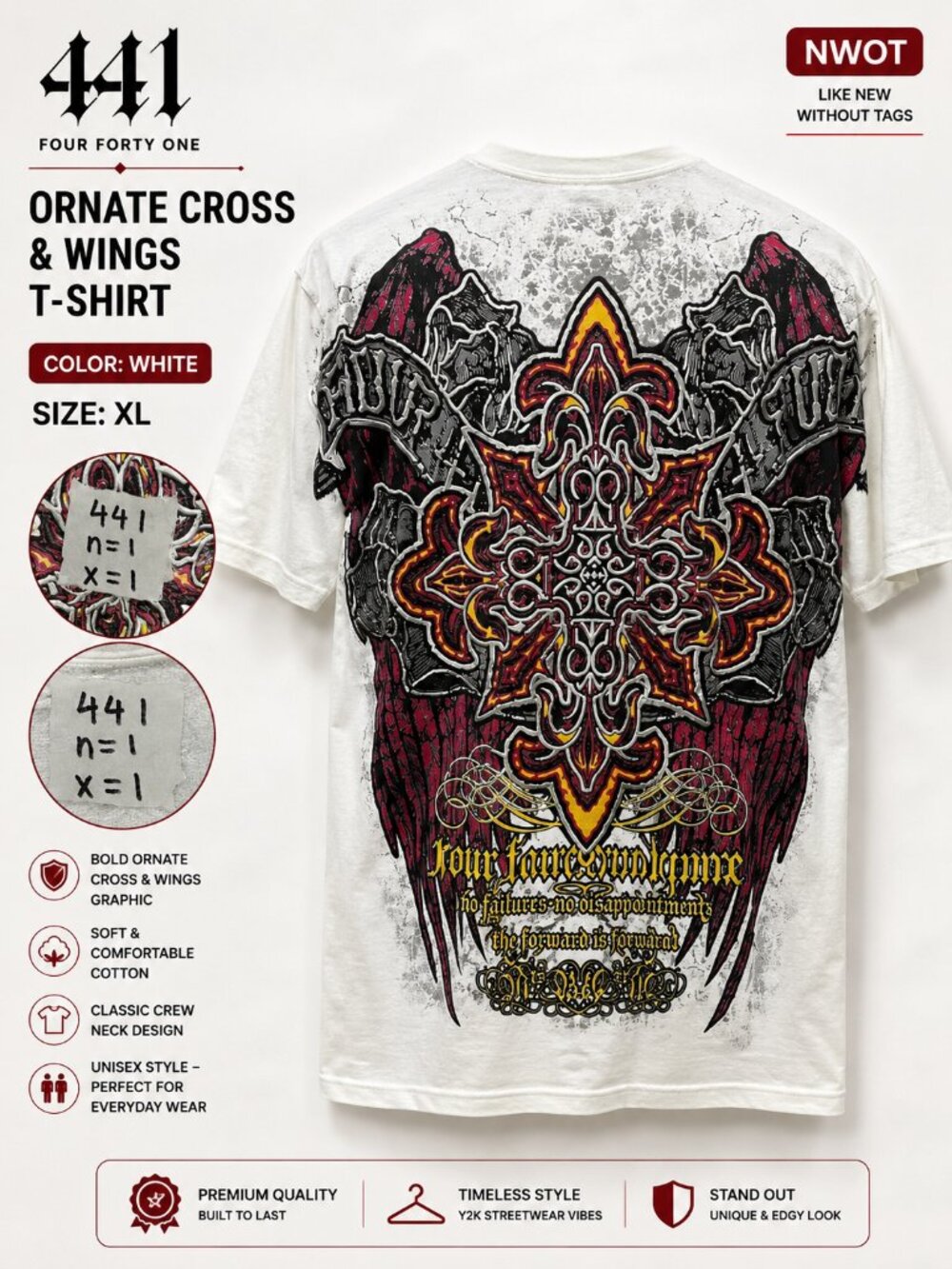 NWOT 441 Four Forty One Cross & Wings T-Shirt White Men's Size XL